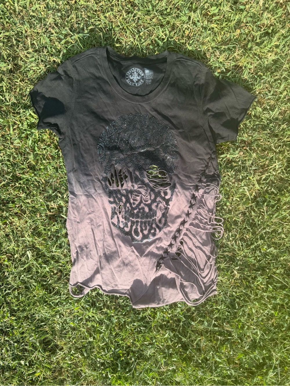 Affliction Black to Gray Ombre Distressed Skull Crop Top
